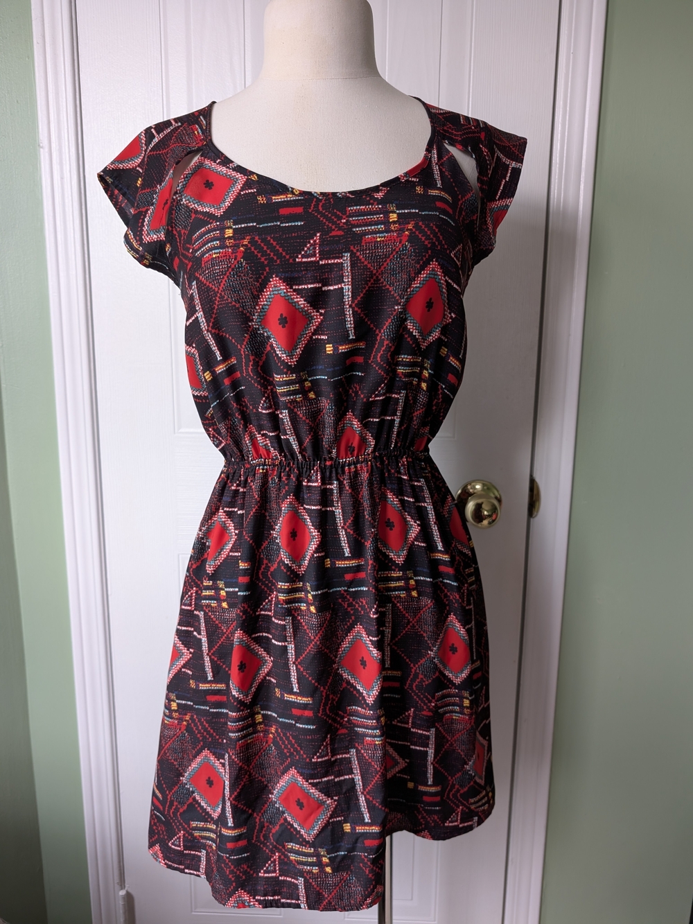 Women's Silence + Noise Black & Red Geometric Print Casual Dress Sz XS
